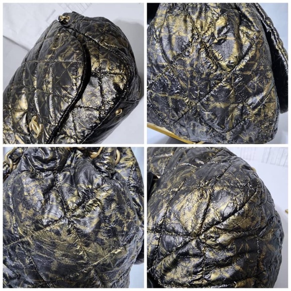Authentic CHANEL Nylon Printed Quilted Accordion Flap Shoulder Bag Black/Gold - Picture 12 of 16